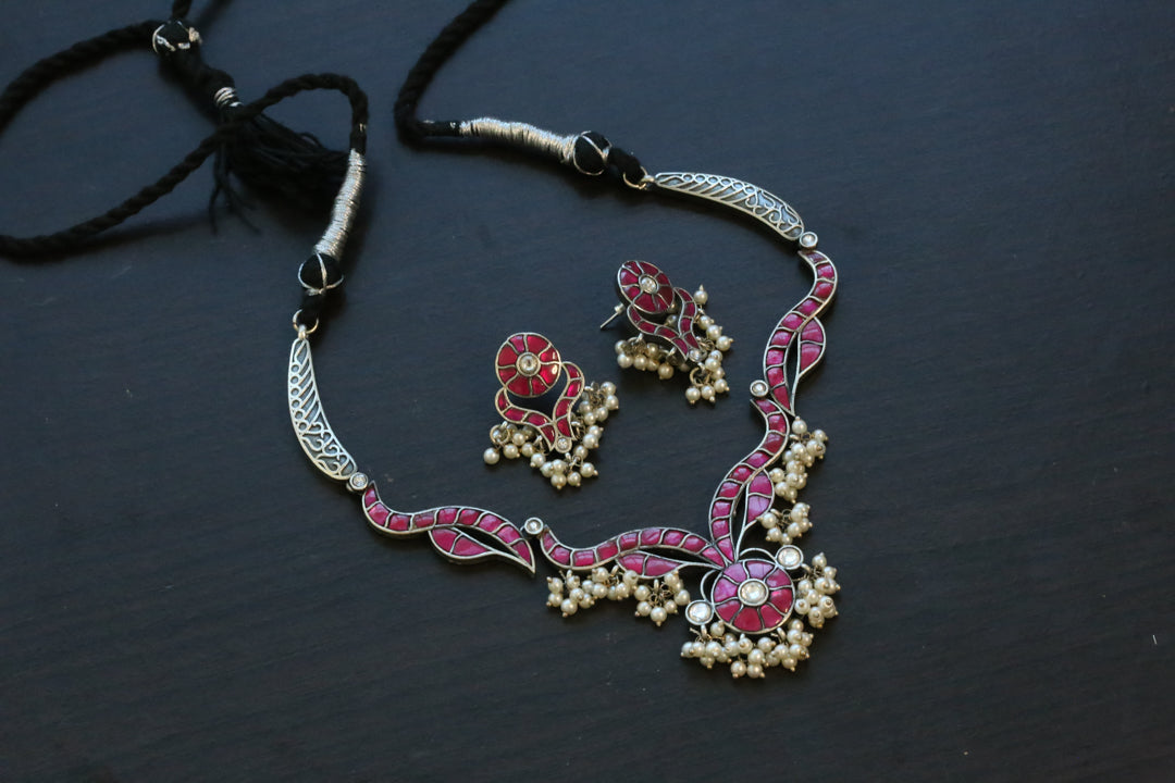 Jadau Kundan Oxidized Necklace Set - Ruby