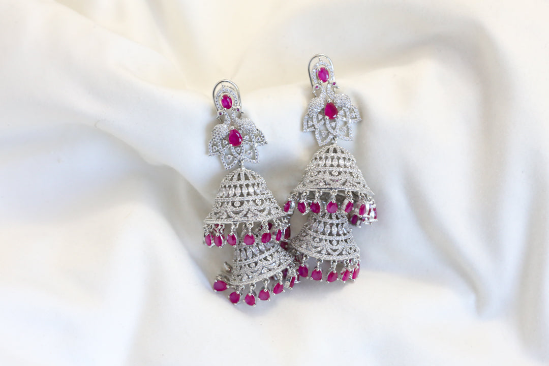 Silver Finish 2-Tier Jhumka - Ruby