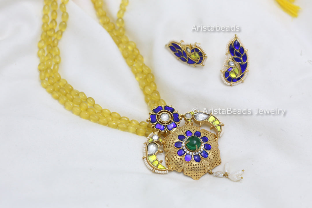 Yellow Blue Jadau Necklace Set