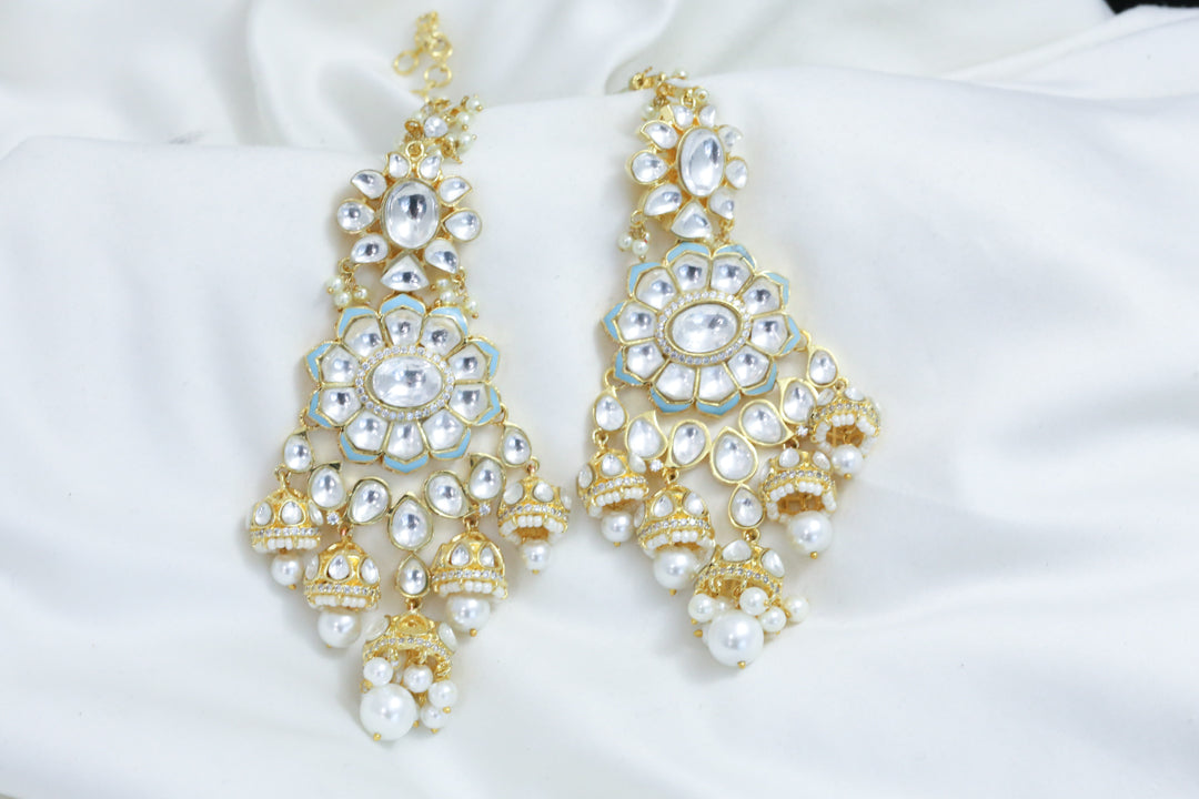Kundan Polki Ear Chain Jhumka - Powder Blue