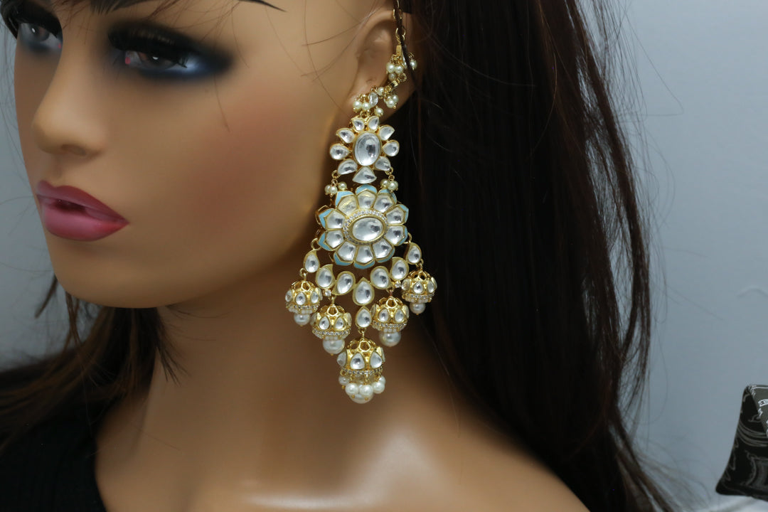 Kundan Polki Ear Chain Jhumka - Powder Blue