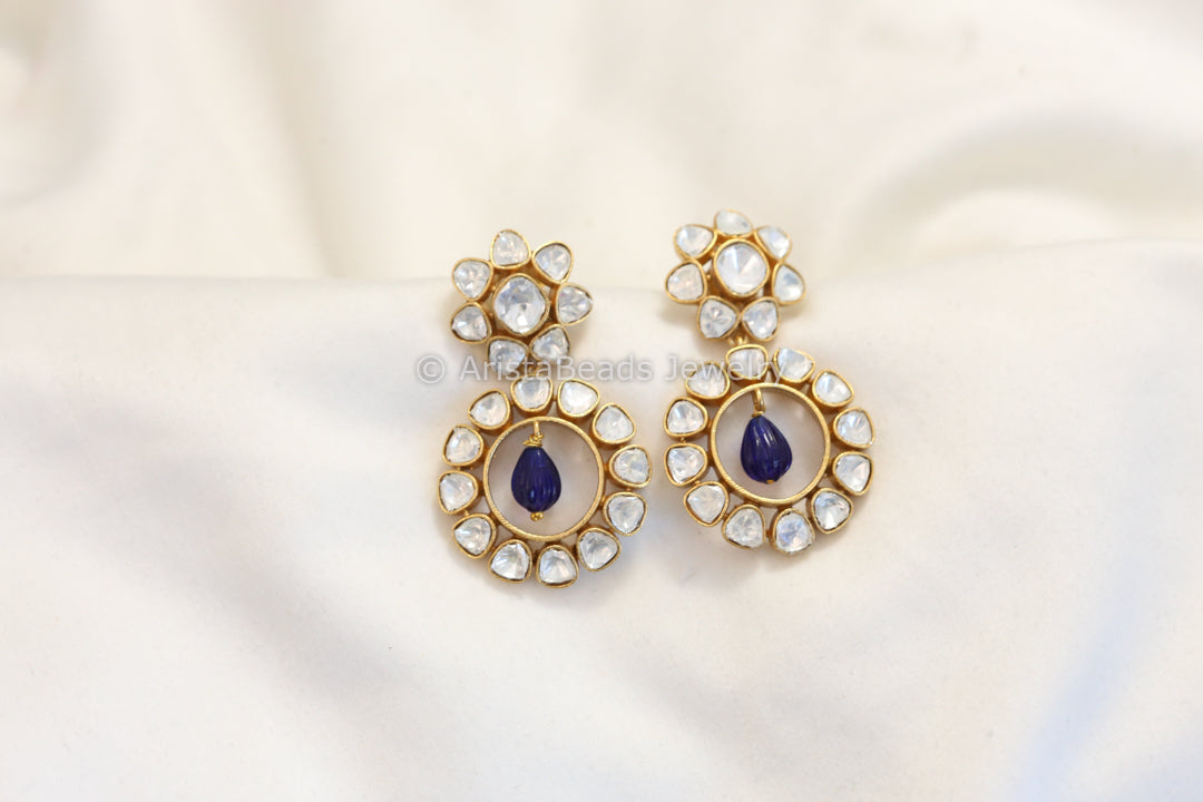 Kundan Polki Earrings - Blue Drops