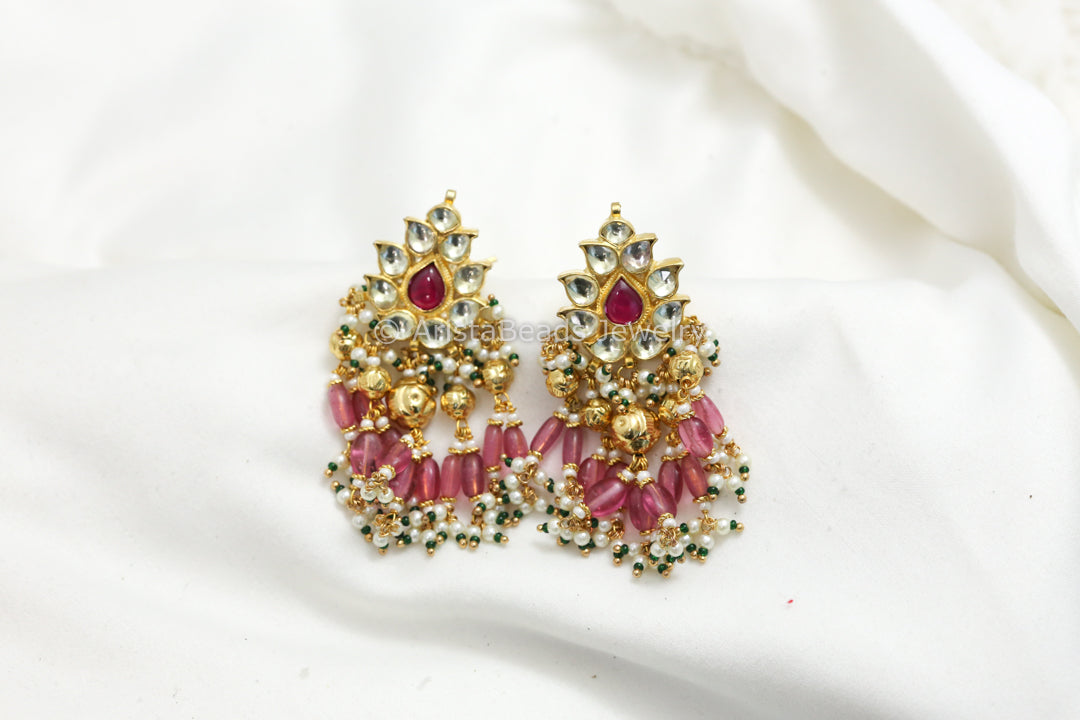 Dainty Pachi Kundan Earrings -Rhodolite Drops