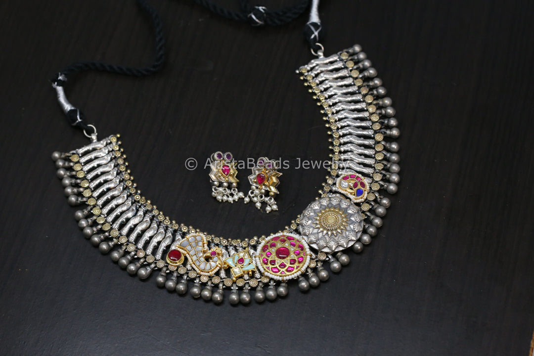 Silver Look Jadau Fusion Necklace Set - Stye 4