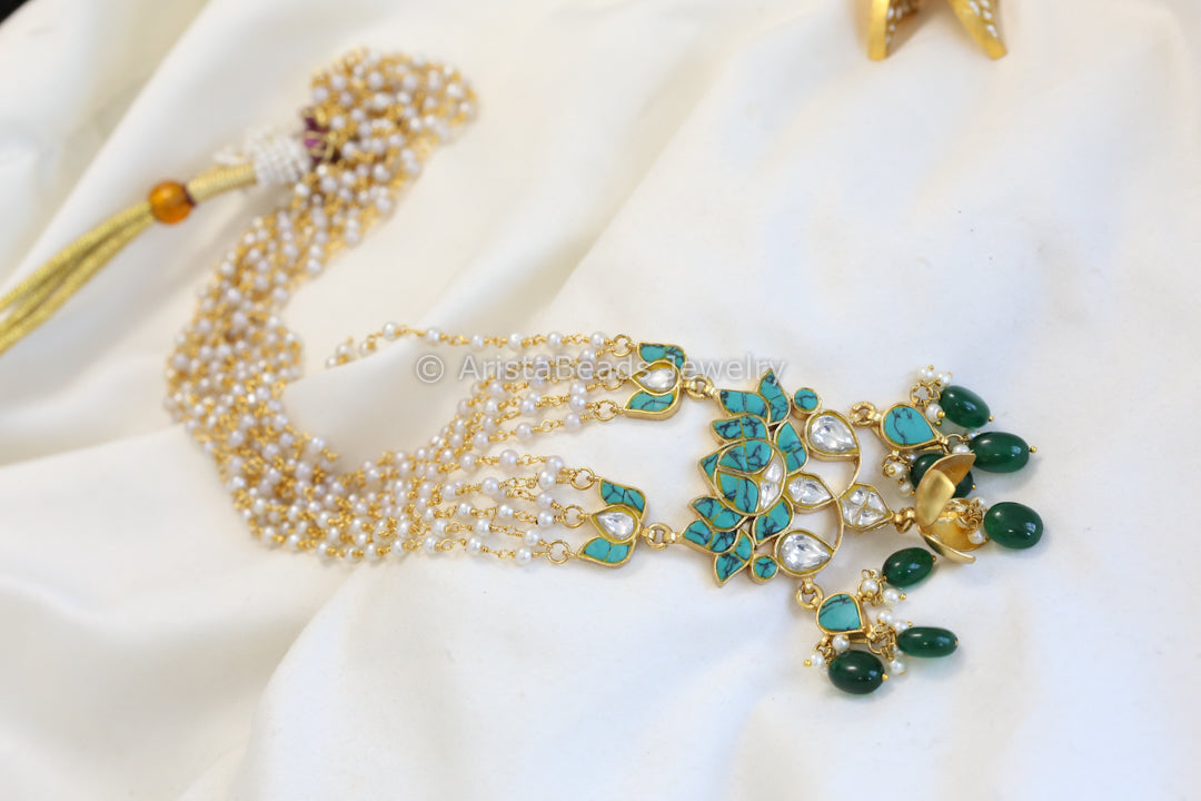 Lotus Kundan Jadau Necklace - Turquoise