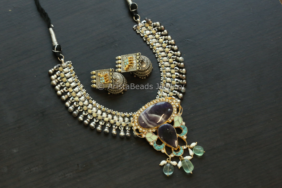 Amethyst Jadau Kundan Pendant Necklace Set - Style 5