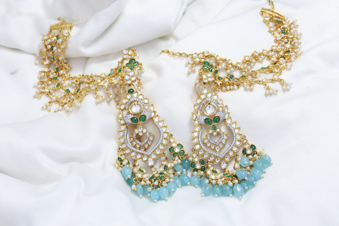 Look Kundan Polki Chandbaali With Ear Chain - Aqua