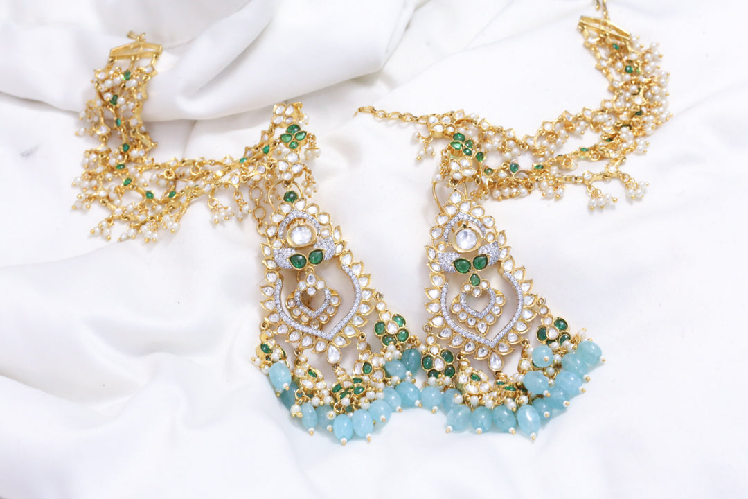 Look Kundan Polki Chandbaali With Ear Chain - Aqua