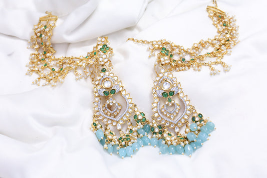 Look Kundan Polki Chandbaali With Ear Chain - Aqua