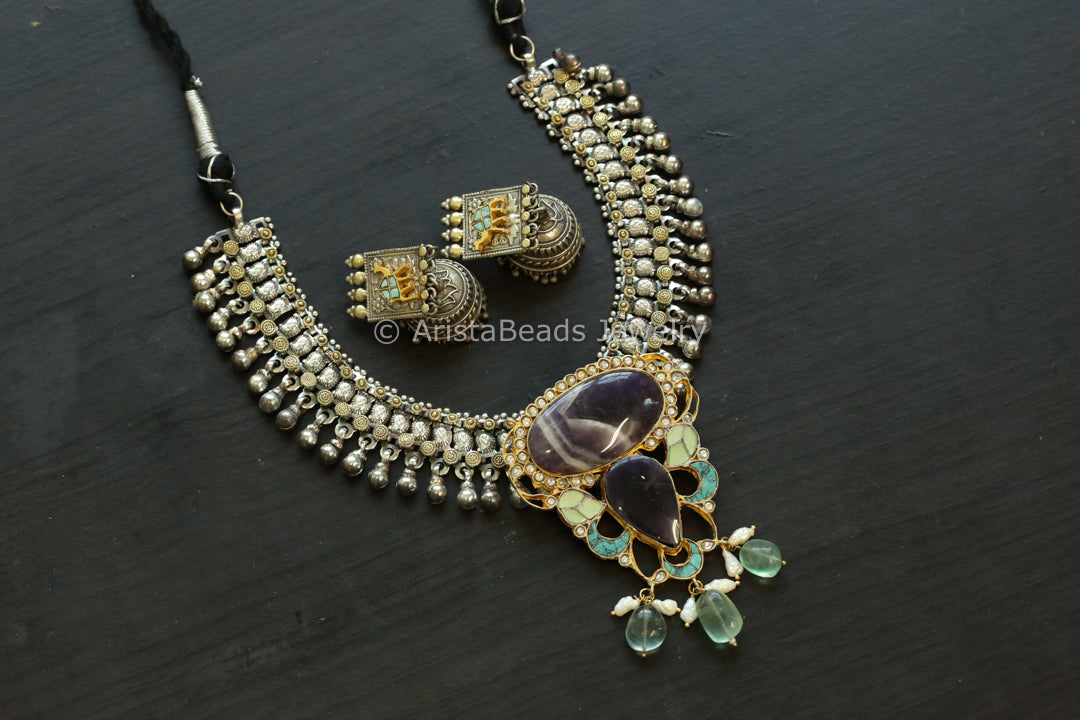 Amethyst Jadau Kundan Pendant Necklace Set - Style 5