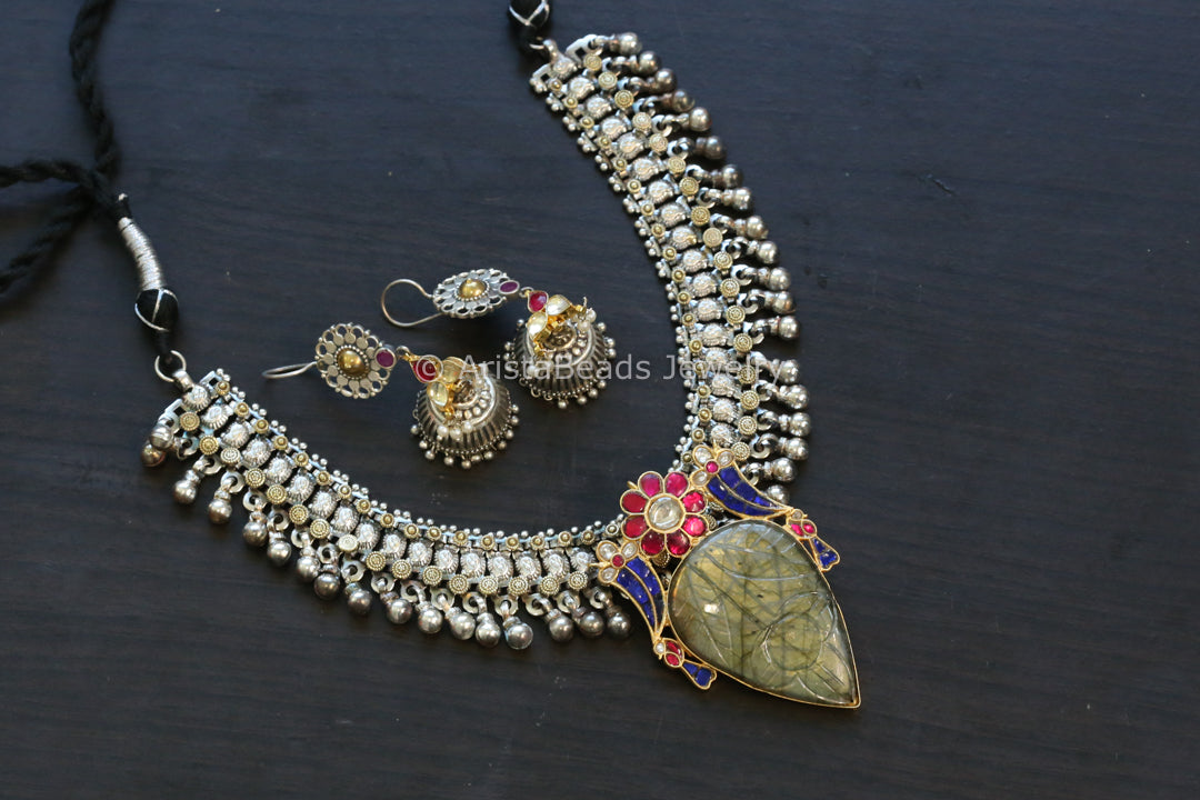 Labradorite Jadau Kundan Pendant Necklace Set - Style 6