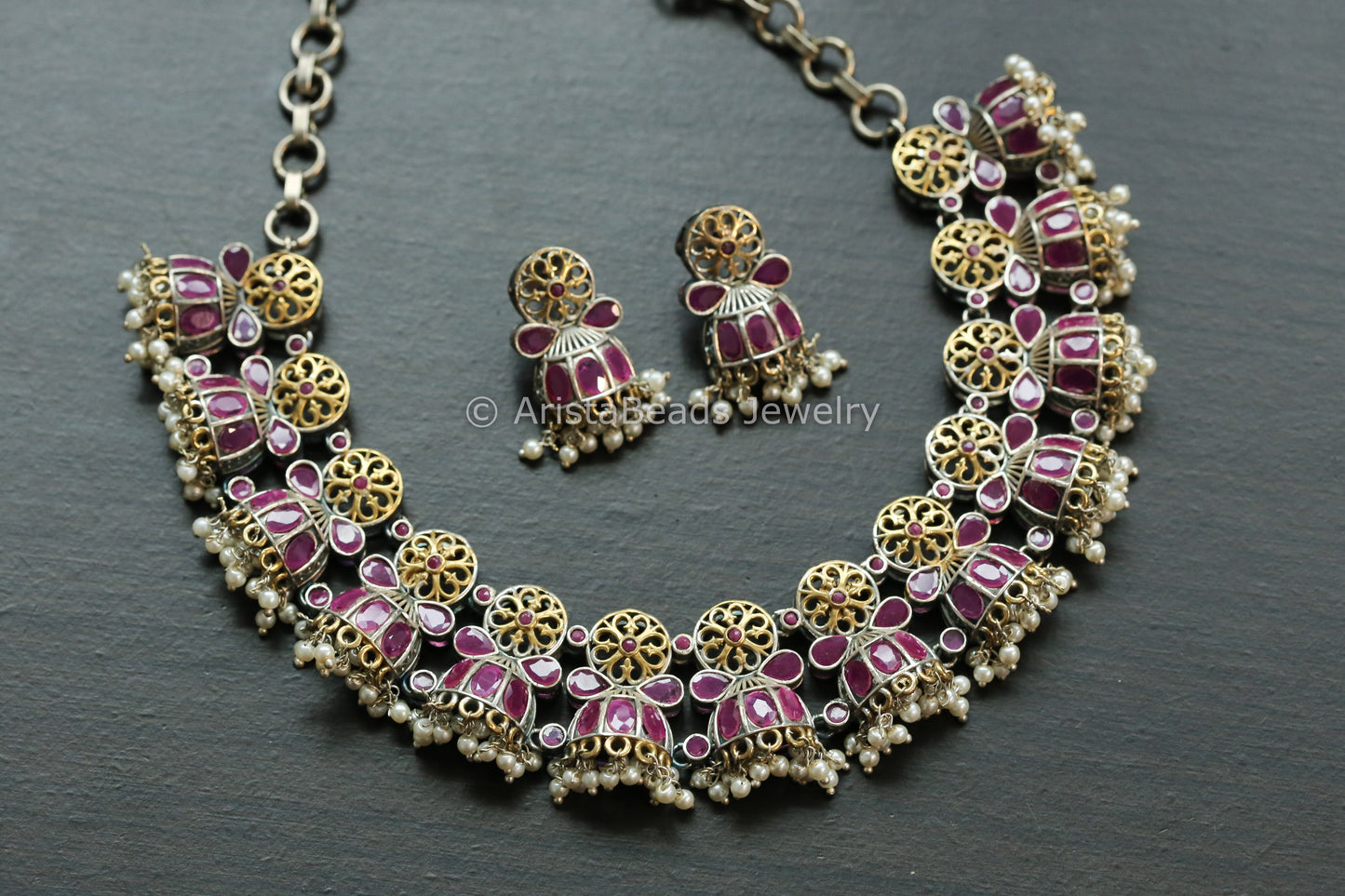 Ruby Dual Tone Jhumka Necklace Set