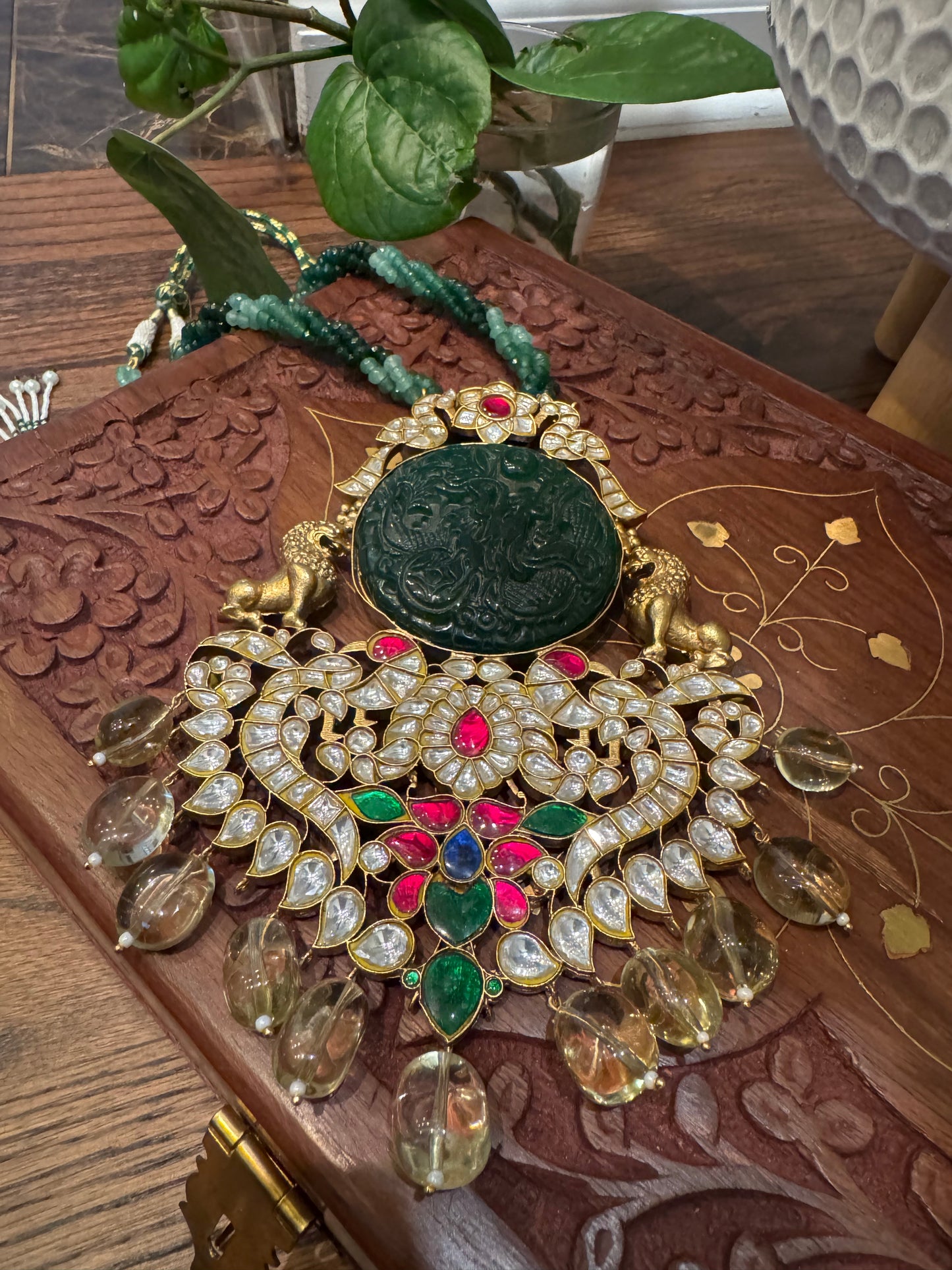 Premium Jadau Carved Jade Necklace - Lemon Quartz Drops