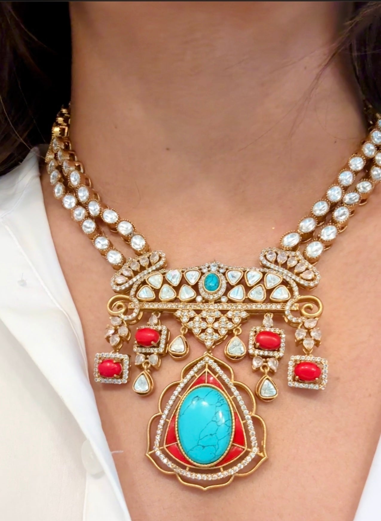 Victorian Moissanite Look Polki & Pota Doublet Set - Coral Turquoise