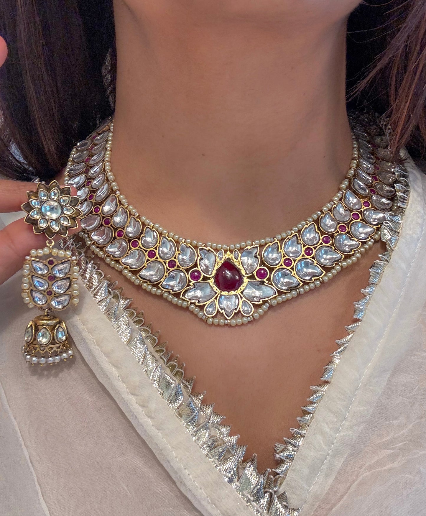 Mohini Ruby Pota & Jadau Kundan Set (Necklace & Jhumka)