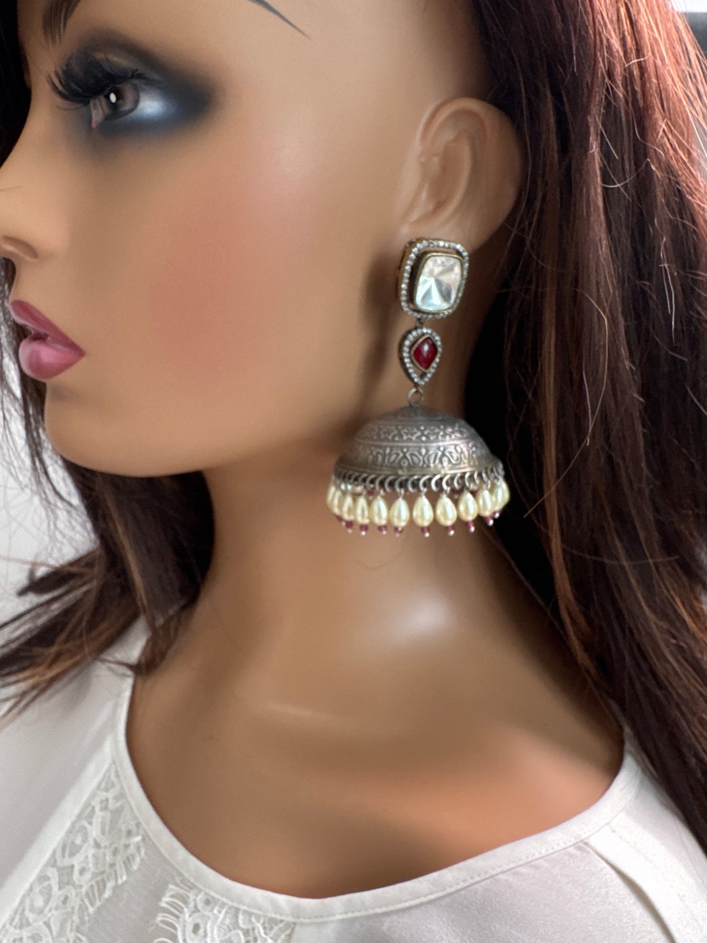 Large Kundan Fusion Jhumka- Red