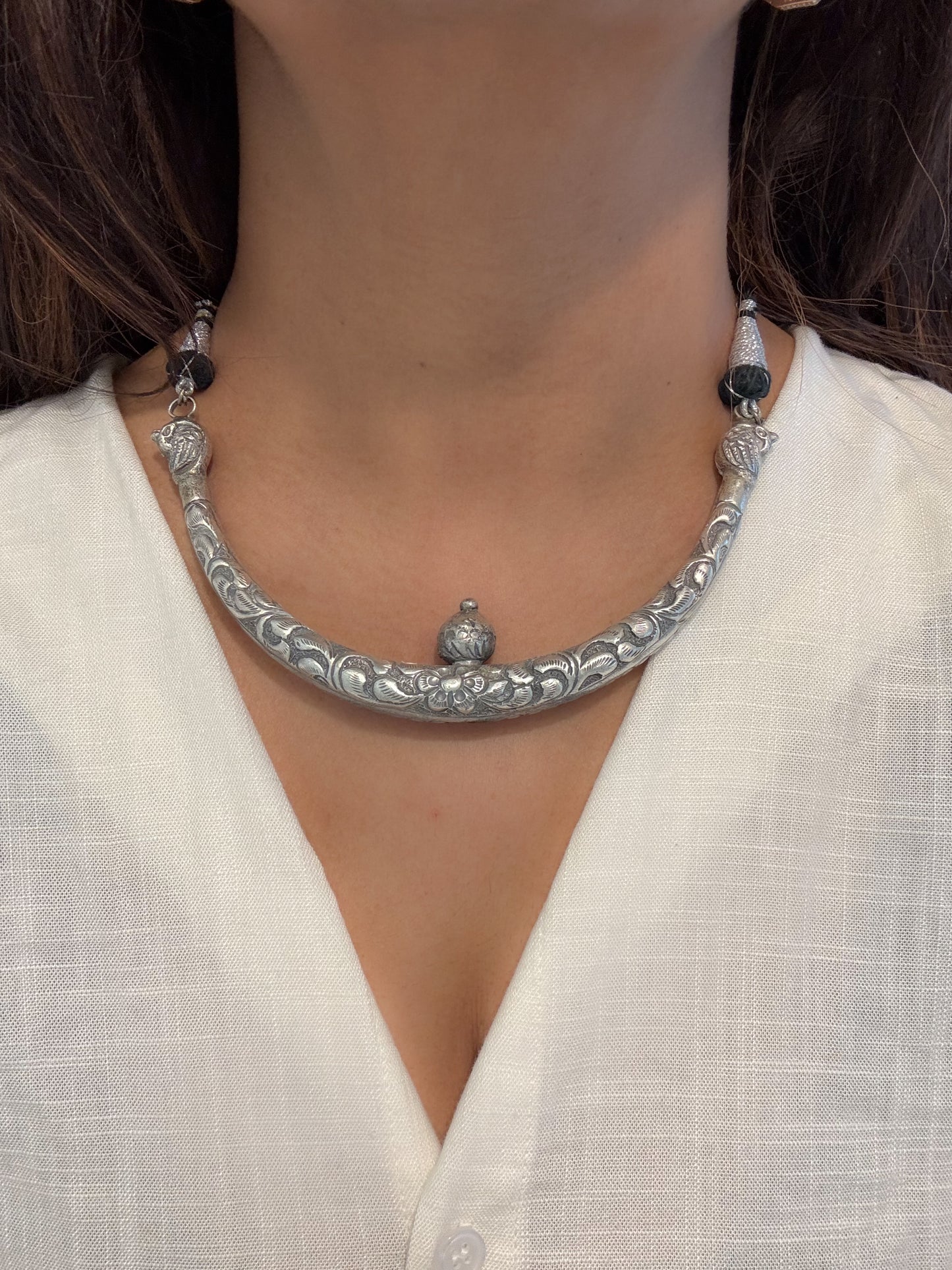 Silver Look Oxidized Hasli Necklace