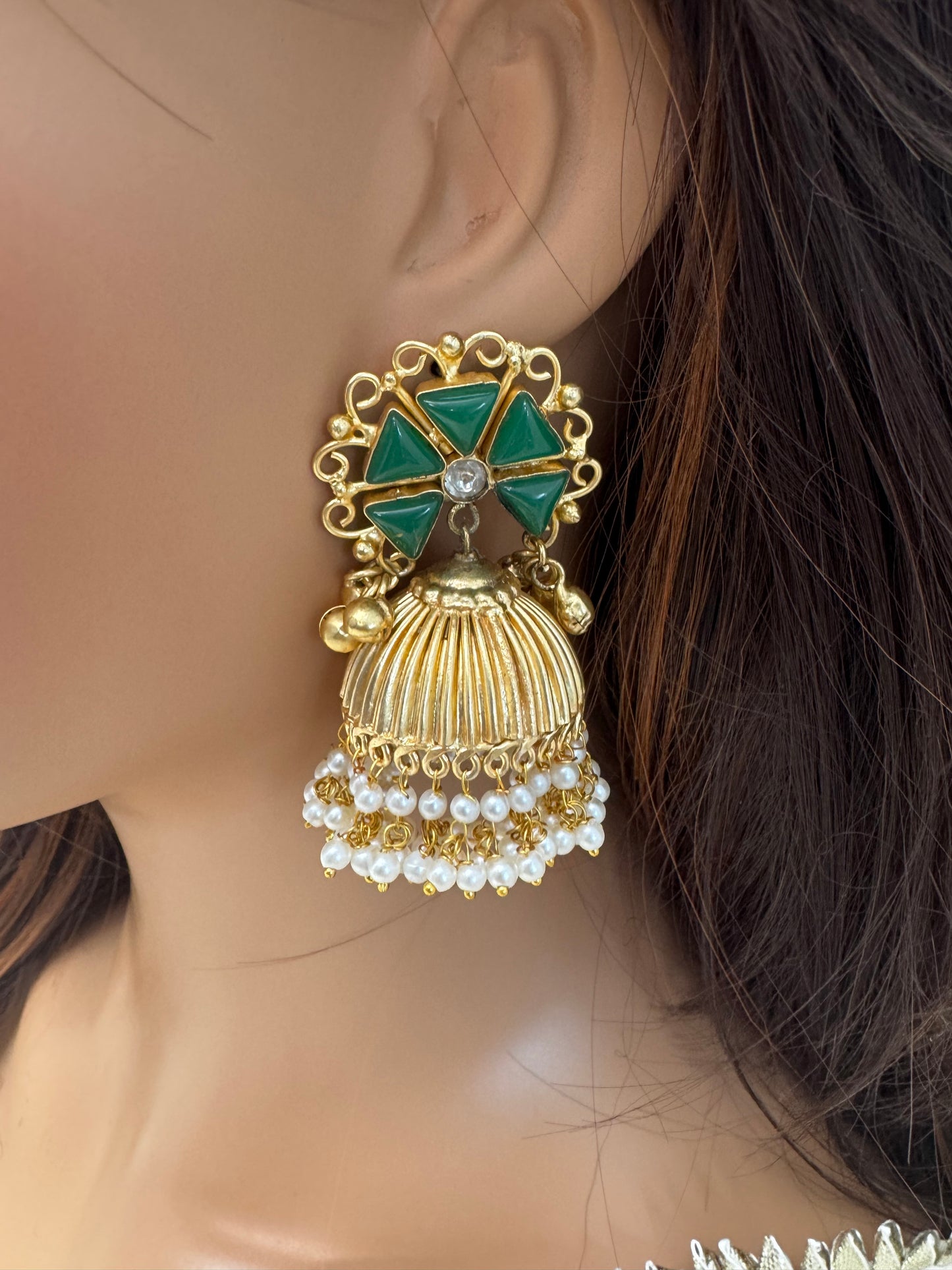 Green Kundan Fusion Matt Gold Jhumka (101-20)