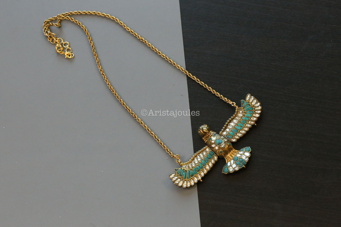 Vintage Gold Jadau Garuda Necklace - Turquoise
