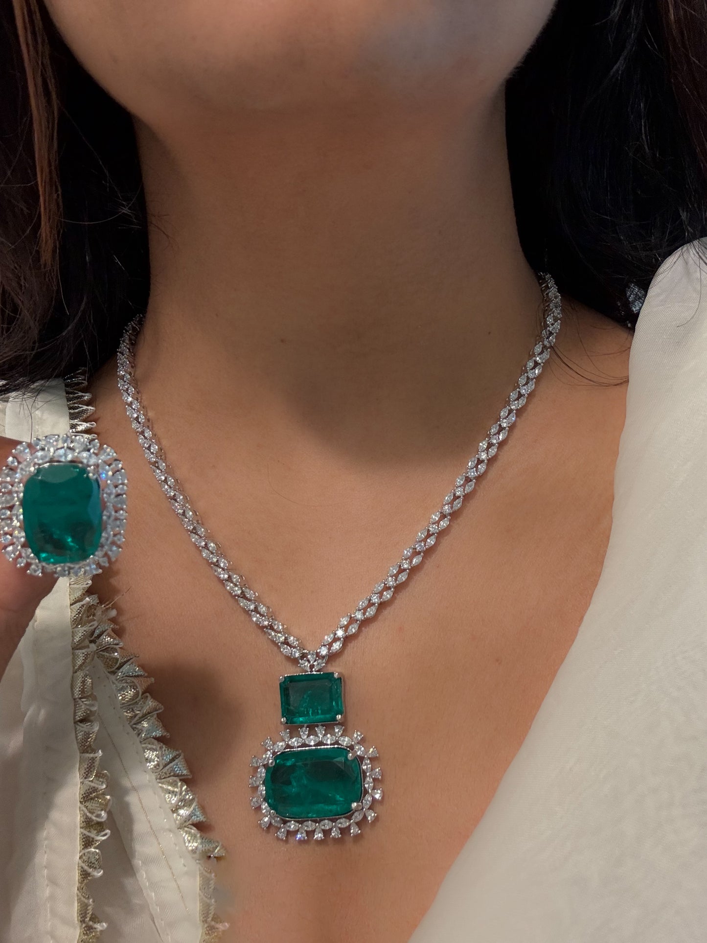 Ananya Premium CZ Necklace Set- Green Doublet
