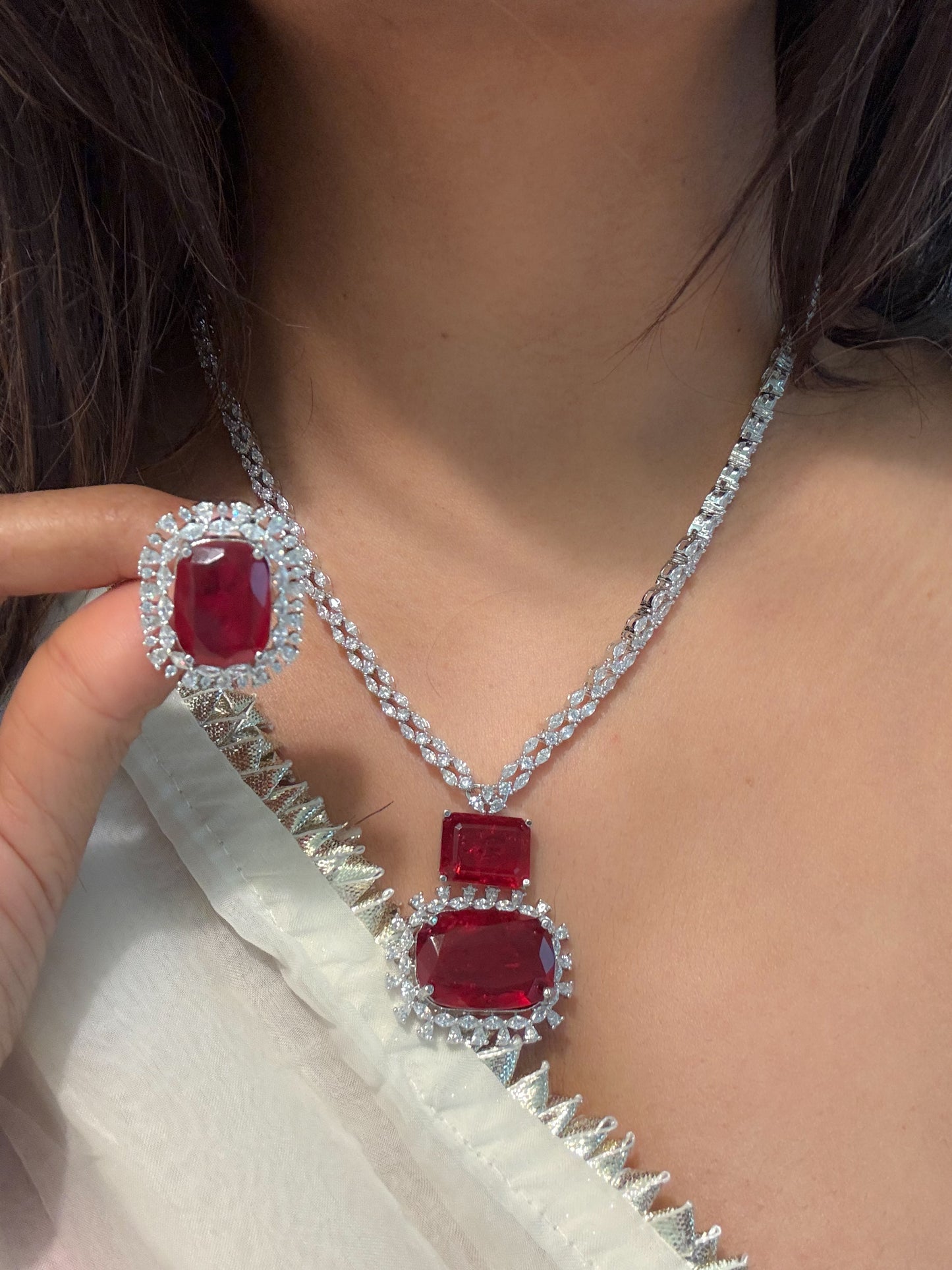 Ananya Premium CZ Necklace Set- Red