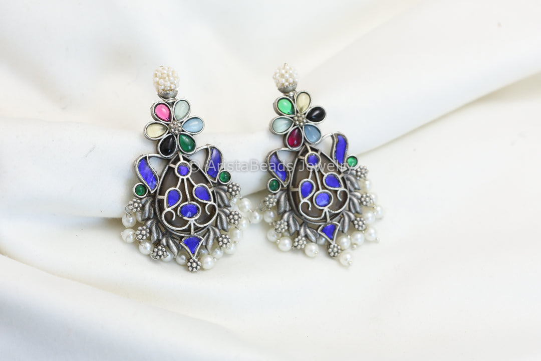 Silver Look Alike Earrings - Blue Multi