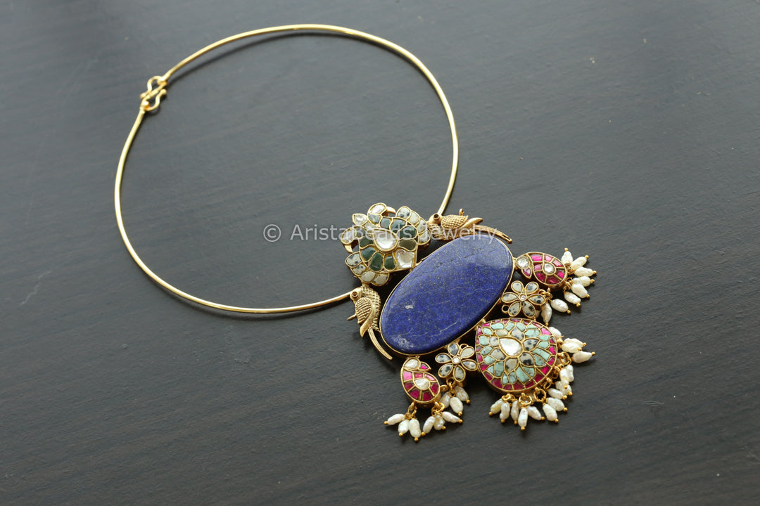 Lapis Jadau Kundan Fusion Necklace - Style 3(Removable Hasli)