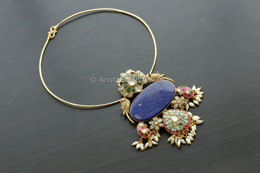 Lapis Jadau Kundan Fusion Necklace - Style 3(Removable Hasli)