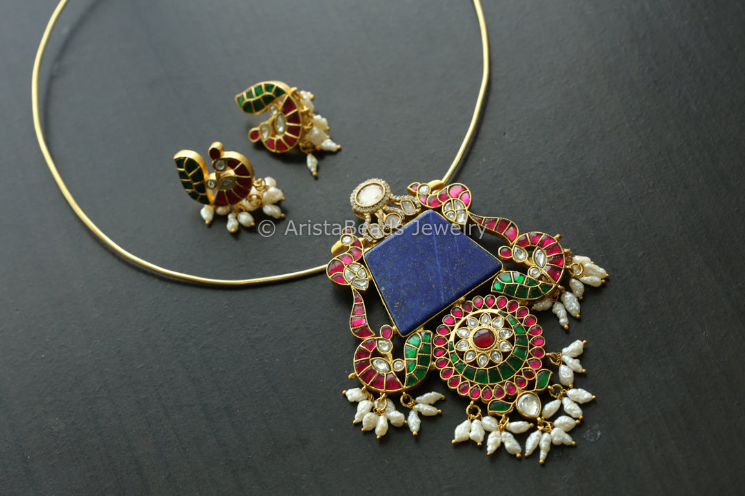 Jadau Kundan Fusion Necklace - Lapis ( Removable Hasli)