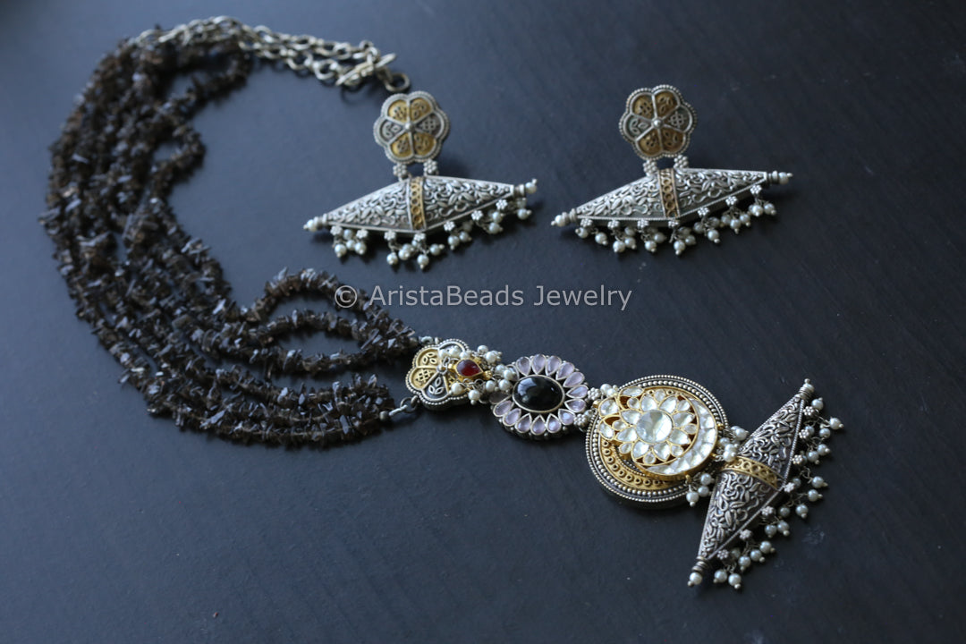 Fusion Kundan Dual Tone Necklace Set- Smokey Quartz Mala