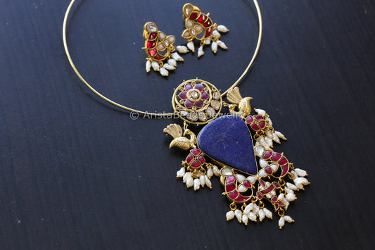 Handmade Fusion Jadau Pendant -Lapis (Removable Hasli)