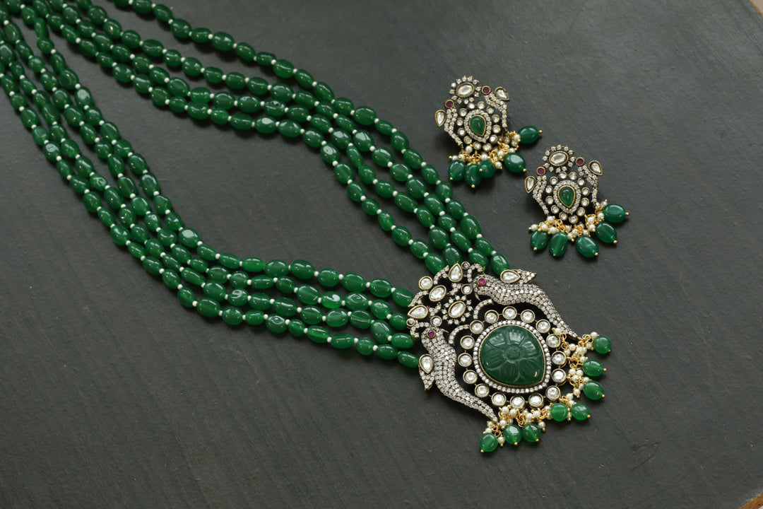 Victorian Polki & CZ Necklace Set - Green Jade
