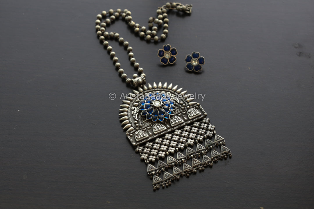 Blue Jadau Silver Replica Necklace Set
