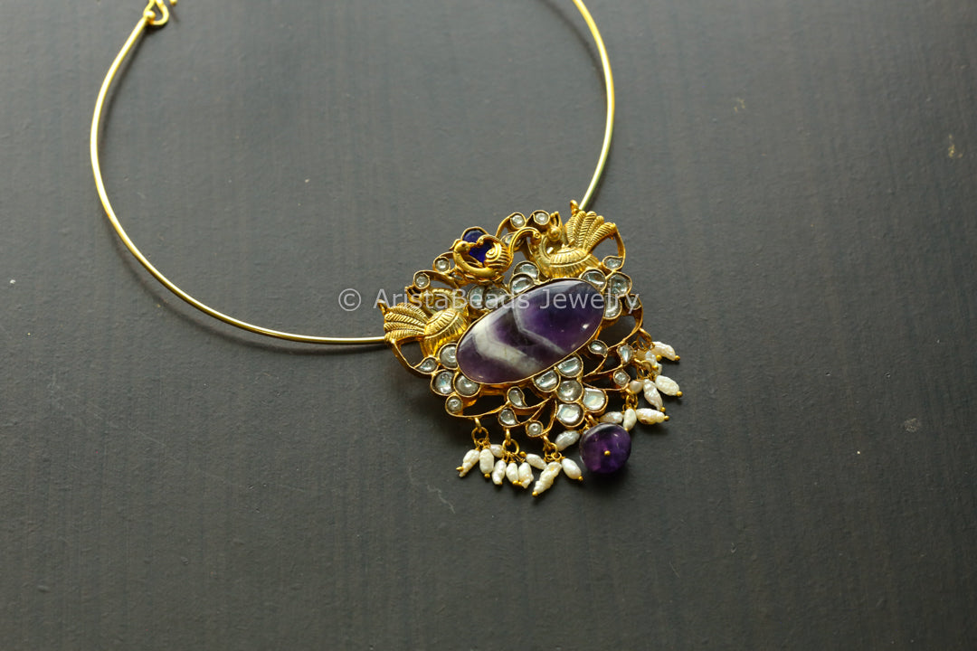 Handmade Fusion Jadau Pendant -Amethyst (Hasli Removable)