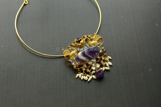 Handmade Fusion Jadau Pendant -Amethyst (Hasli Removable)