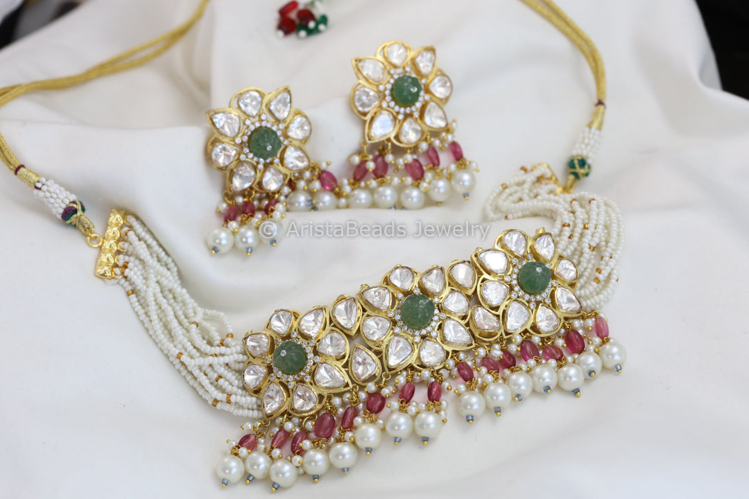 Real Moissanite Choker With Fluorite Melon Beads (103-70)
