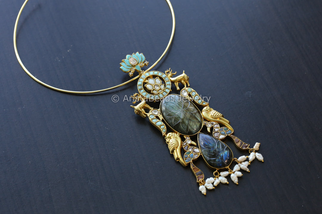 Handmade Fusion Jadau Pendant -Labradorite