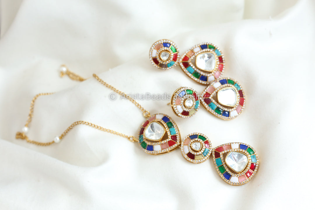 Jadau Kundan Moissanite Look Polki Kundan Set - Multicolor