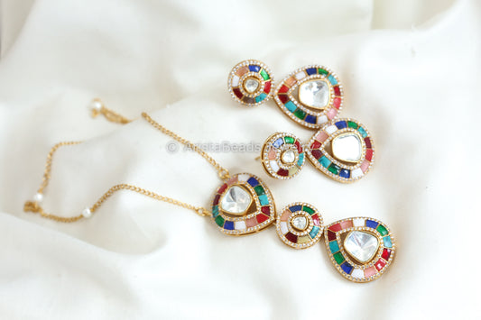 Jadau Kundan Moissanite Look Polki Kundan Set - Multicolor