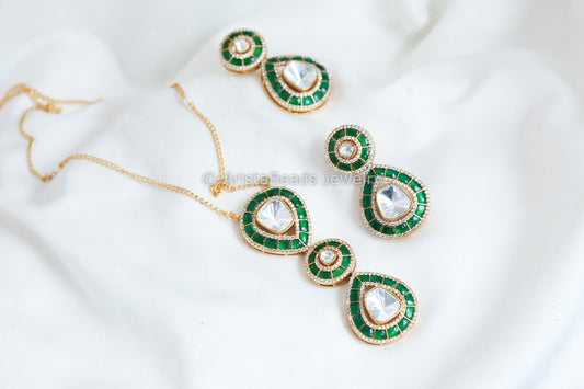 Jadau Kundan Moissanite Look Polki Kundan Set- Green