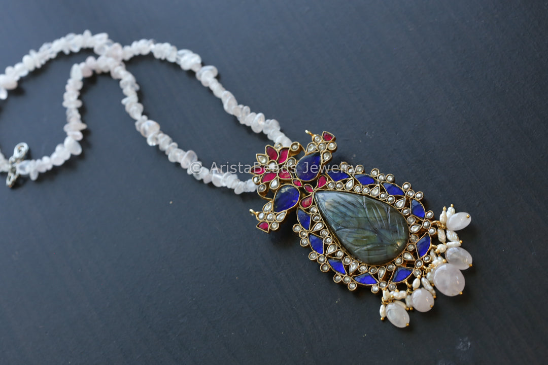 Blue Jadau Kundan Fusion Necklace - Carved Labradorite