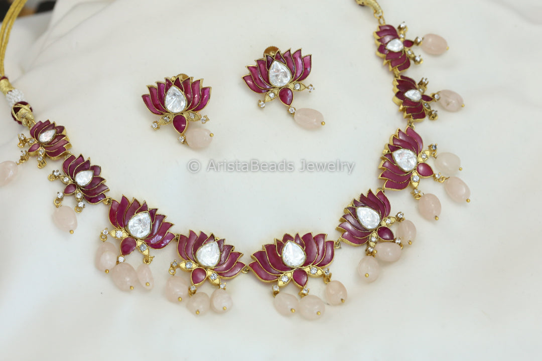 Ruby Jadau & Moissanites Lotus Necklace - Rose Quartz Drops