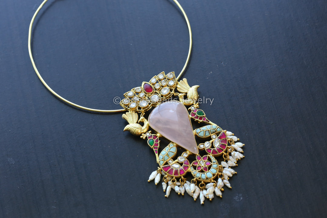 Jadau Kundan Fusion Necklace - Rose Quartz