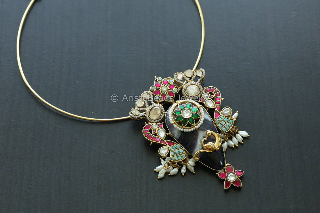 Amethyst & Moissanites Jadau Fusion Necklace - Style 3( Removable Hasli)