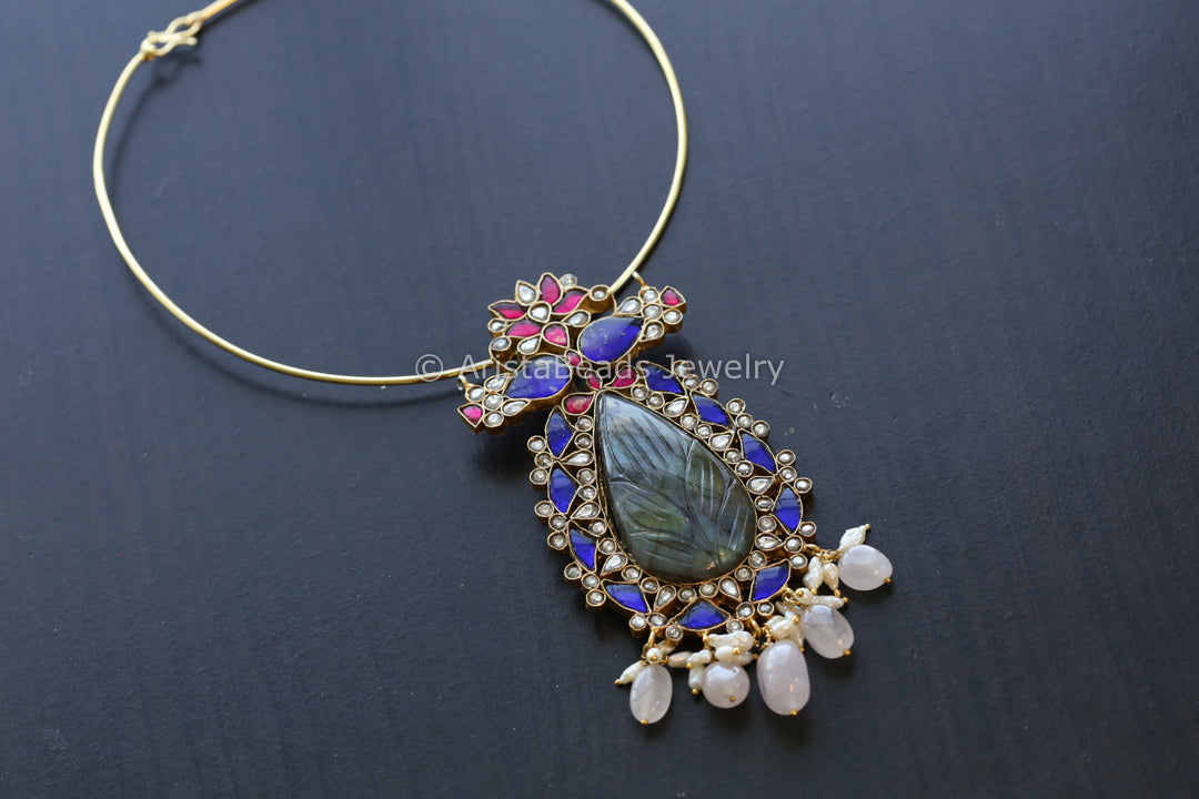 Blue Jadau Kundan Fusion Necklace - Carved Labradorite