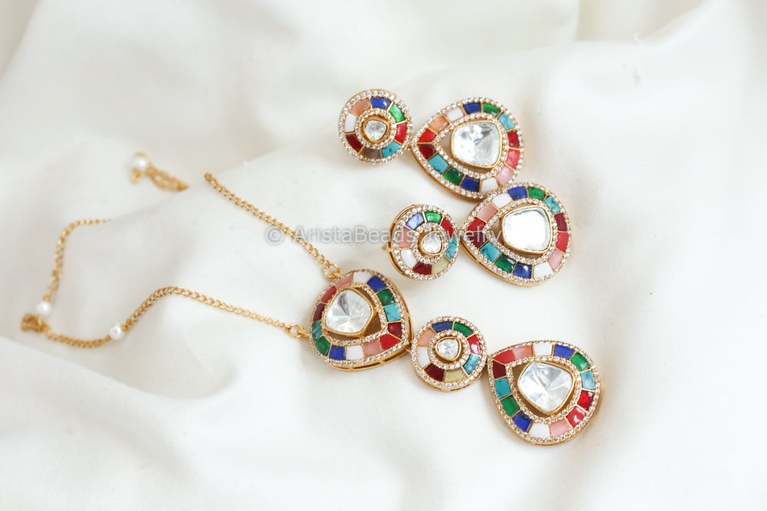 Jadau Kundan Moissanite Look Polki Kundan Set - Multicolor