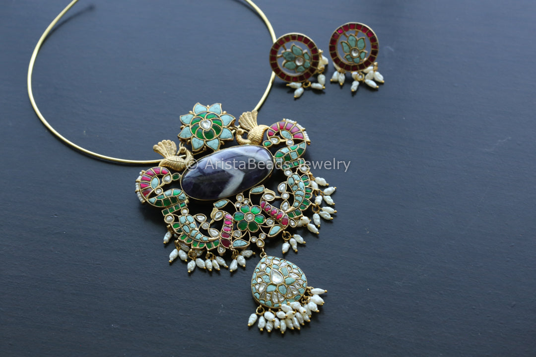 Jadau Kundan Fusion Necklace - Style 4 (Amethyst Stone)