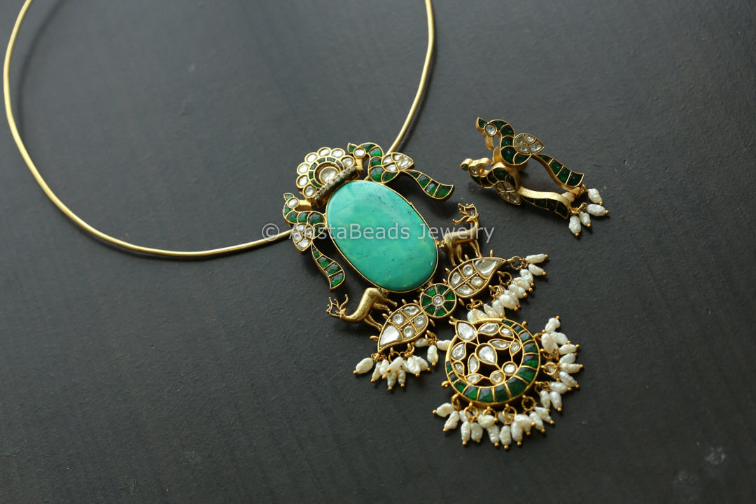 Jadau Kundan Fusion Necklace - Turquoise (Removable)