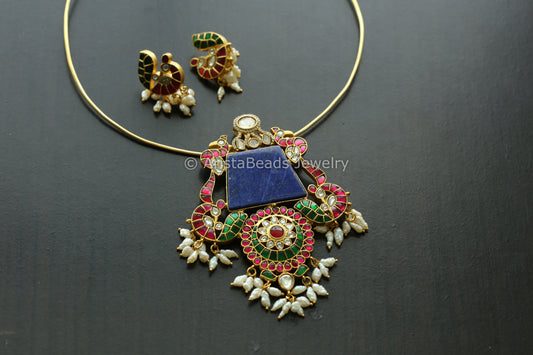 Jadau Kundan Fusion Necklace - Lapis ( Removable Hasli)