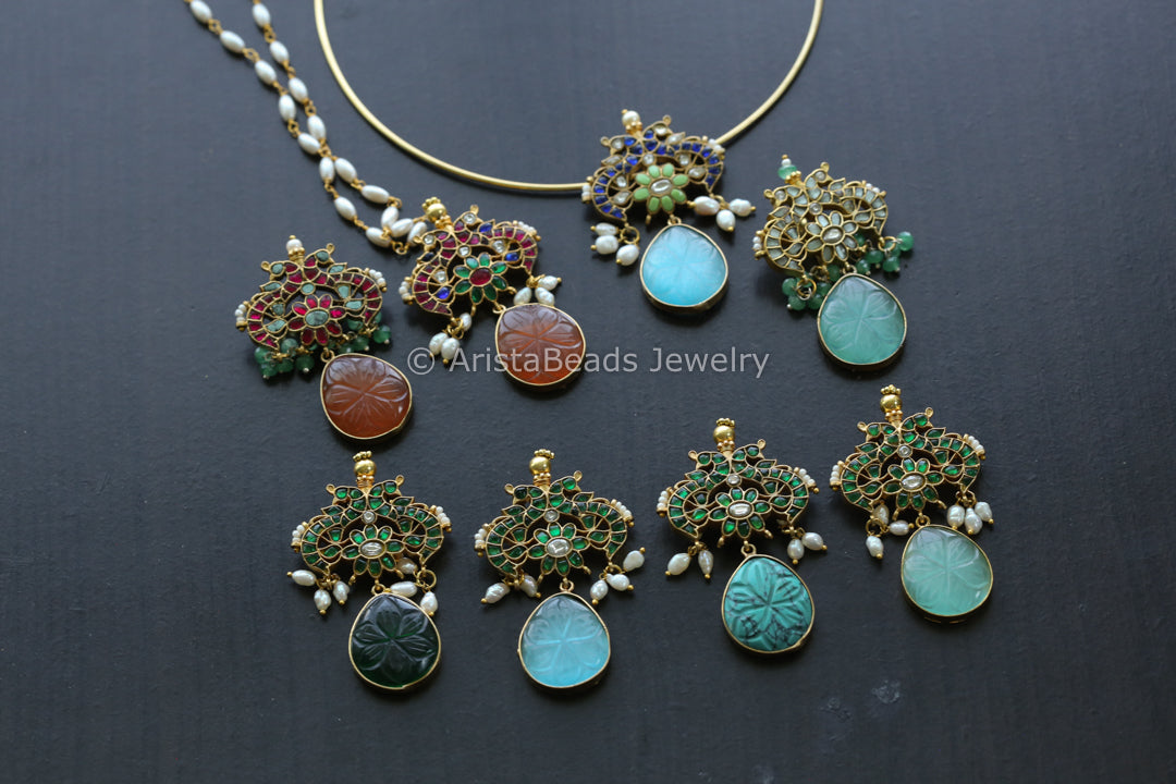 Dainty Jadau & Carved Stone Pendants - Hasli Or Pearl Chain